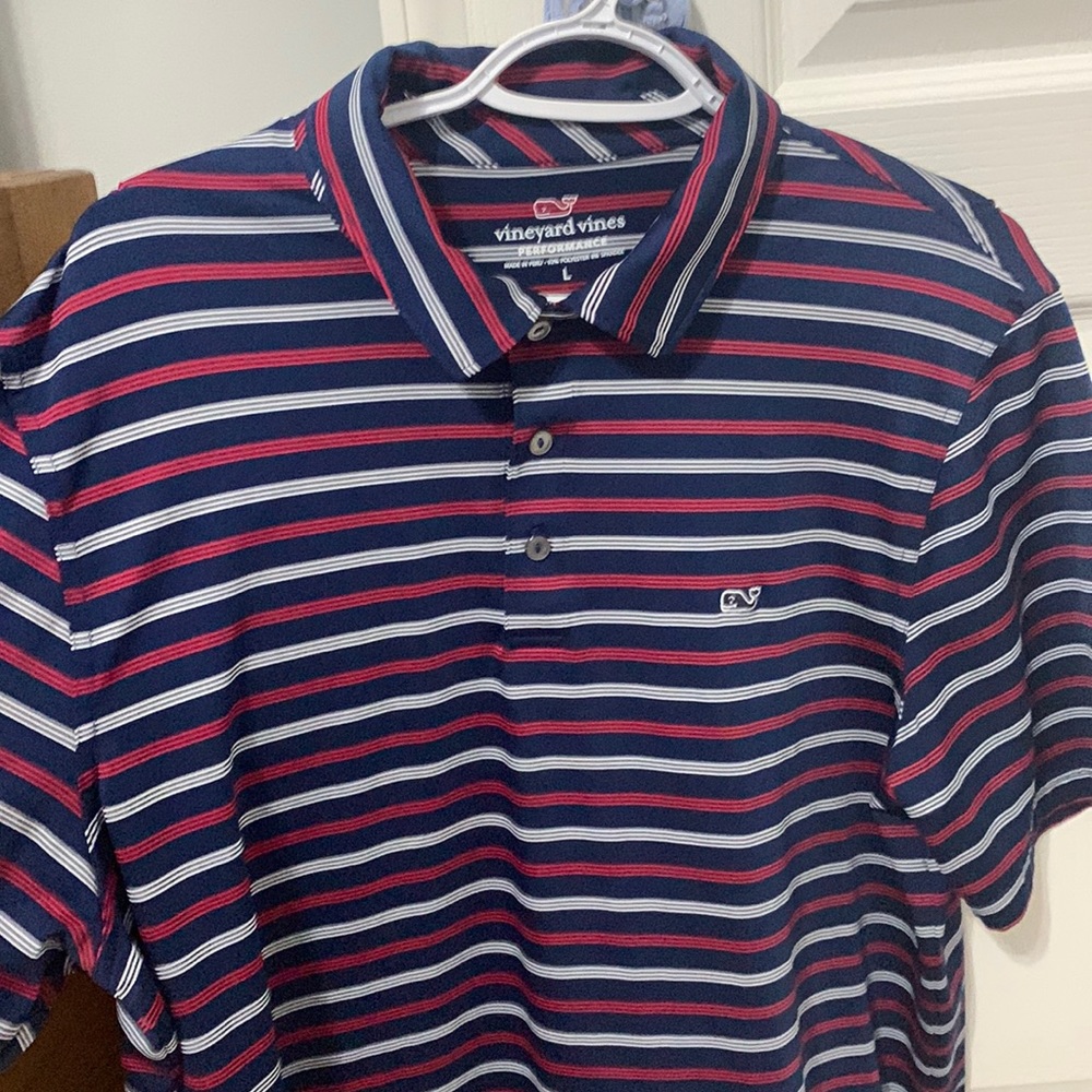 Vineyard Vines Performance Polo. Dark Navy blue with white and red stripes. LG.